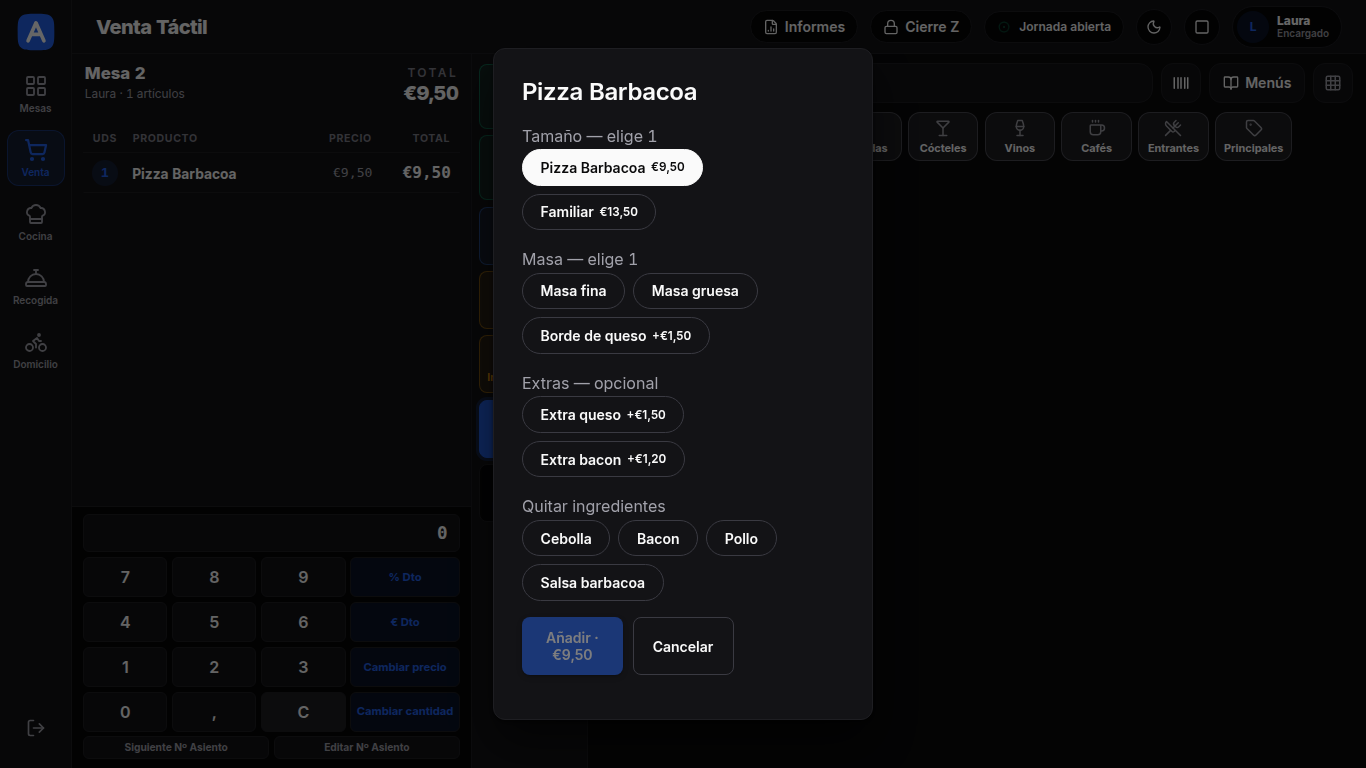 Configurador de producto con tamaño, masa y extras