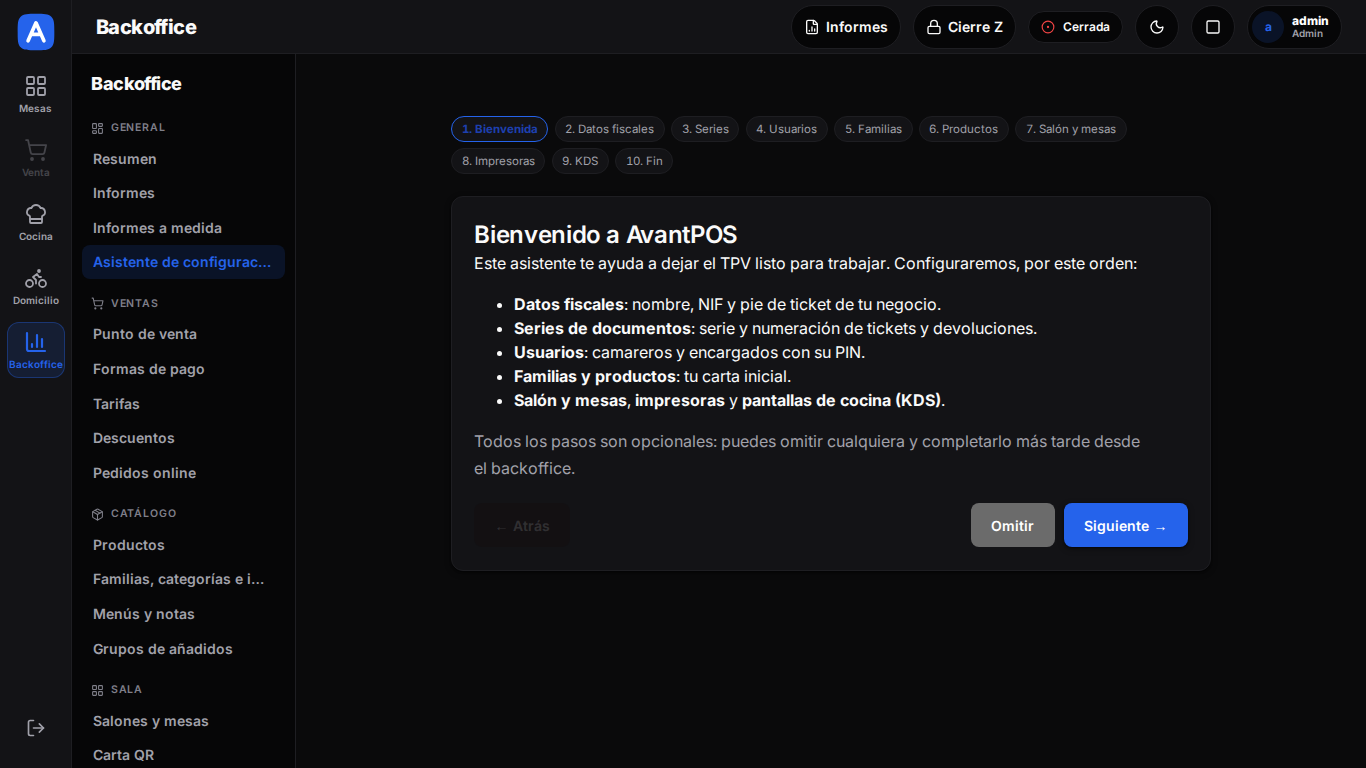 Asistente de configuración inicial del backoffice