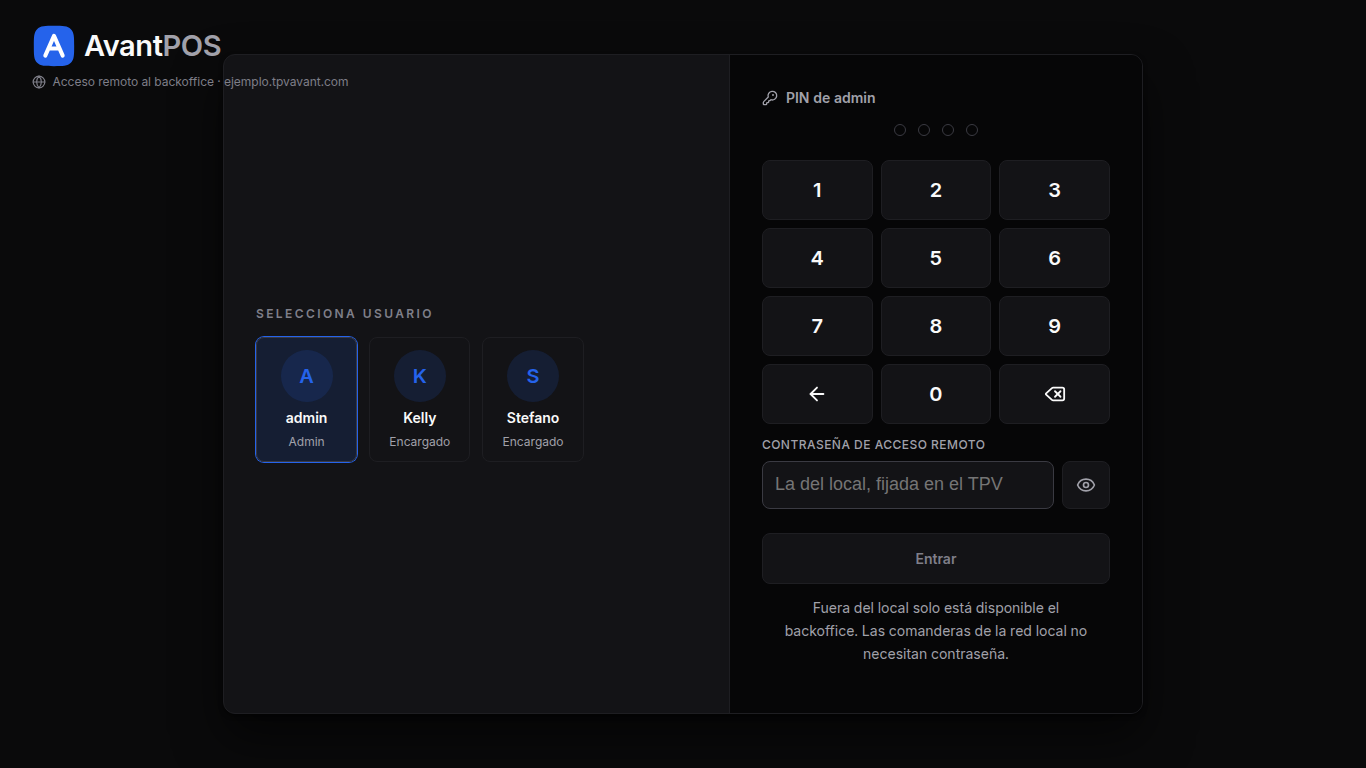 Pantalla de acceso remoto al backoffice: usuario, PIN y contraseña de acceso remoto