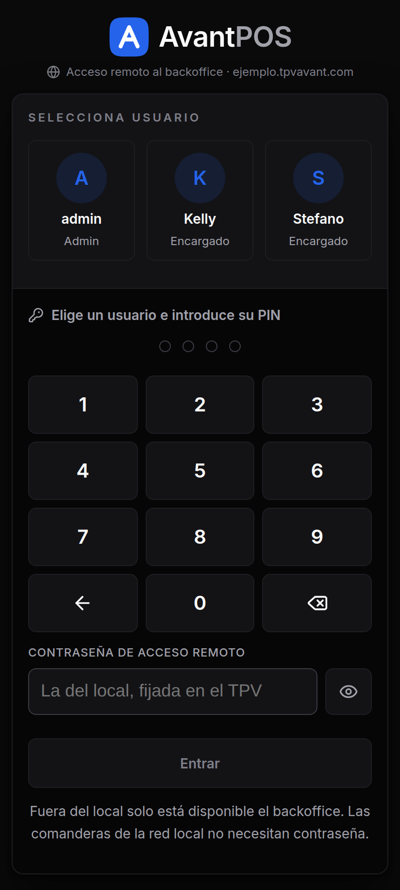 La misma pantalla de acceso remoto en un teléfono móvil