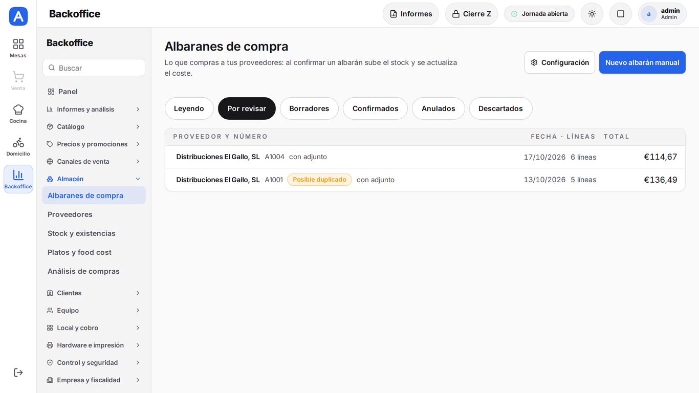 Bandeja de albaranes de compra en AvantPOS con los pendientes de revisar y un posible duplicado señalado