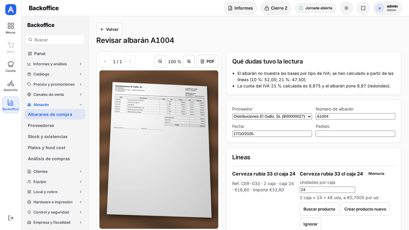 Revisión de un albarán: las páginas a la izquierda y las líneas leídas con sus avisos a la derecha