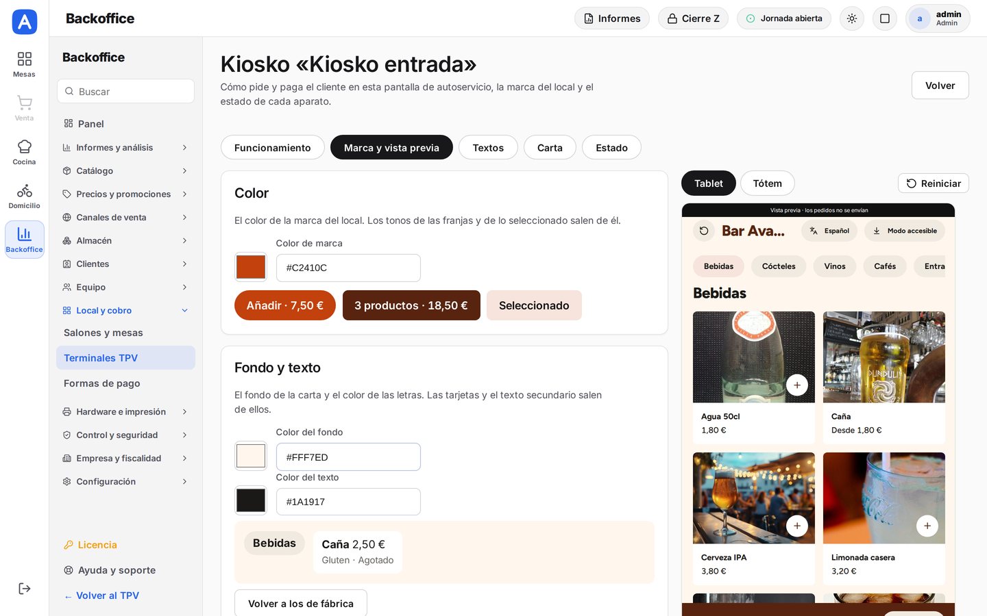 Backoffice de AvantPOS con la marca del kiosko: colores, tipografía y vista previa