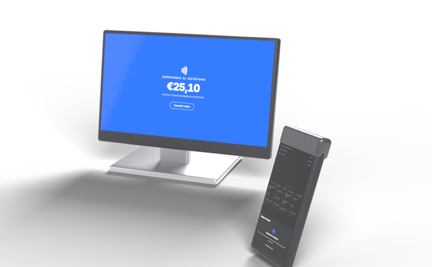 Pantalla táctil del TPV esperando al datáfono junto a un terminal Teya con la comandera cobrando