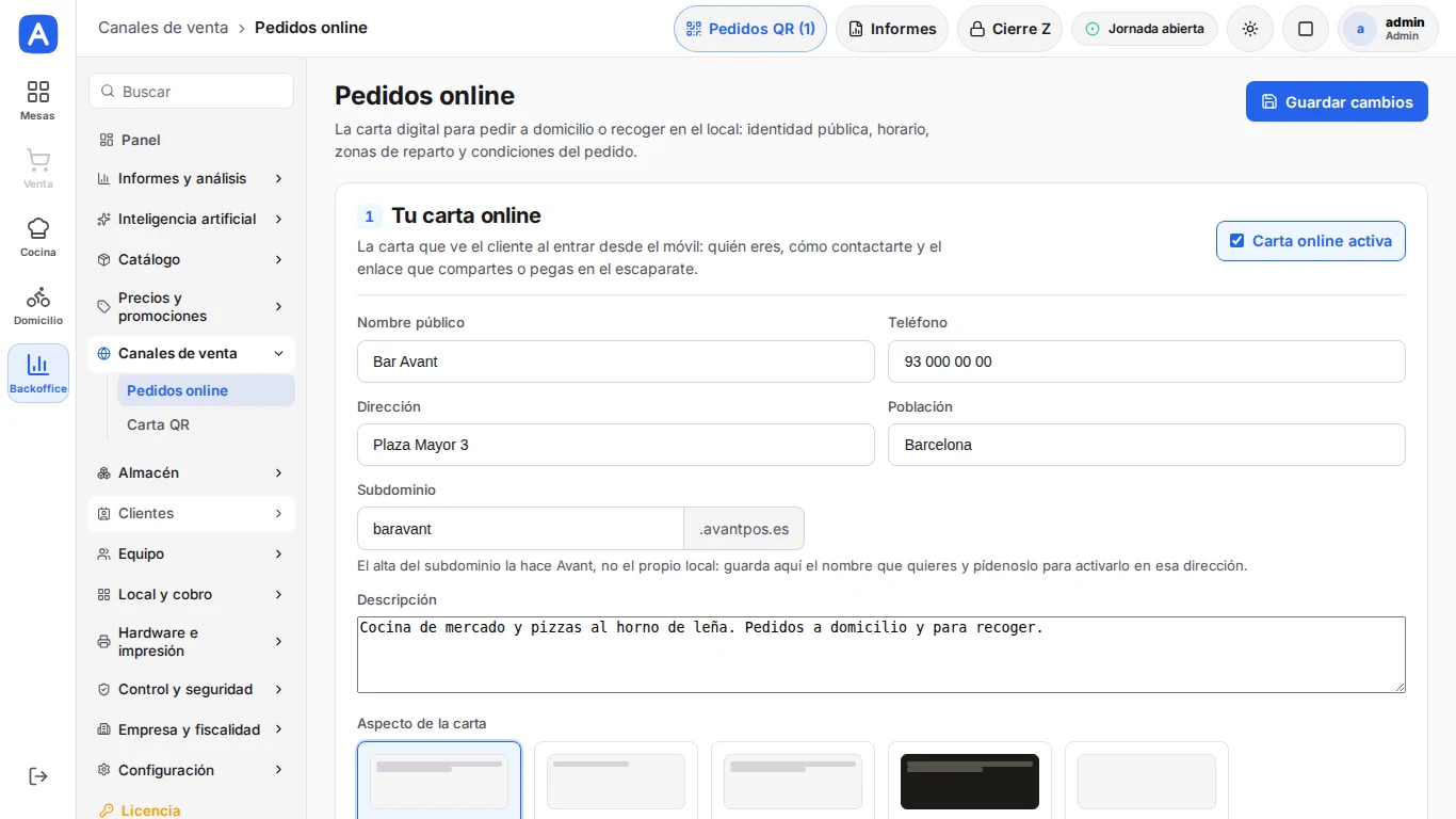 Canales de venta: pedidos online y carta QR