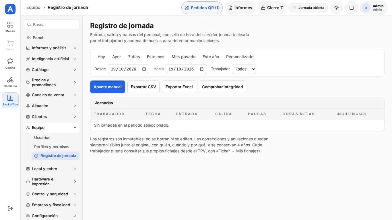 Equipo: usuarios, permisos y jornada