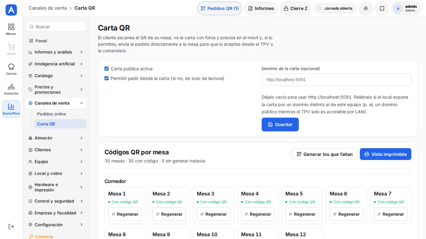 Carta QR en la mesa: configuración