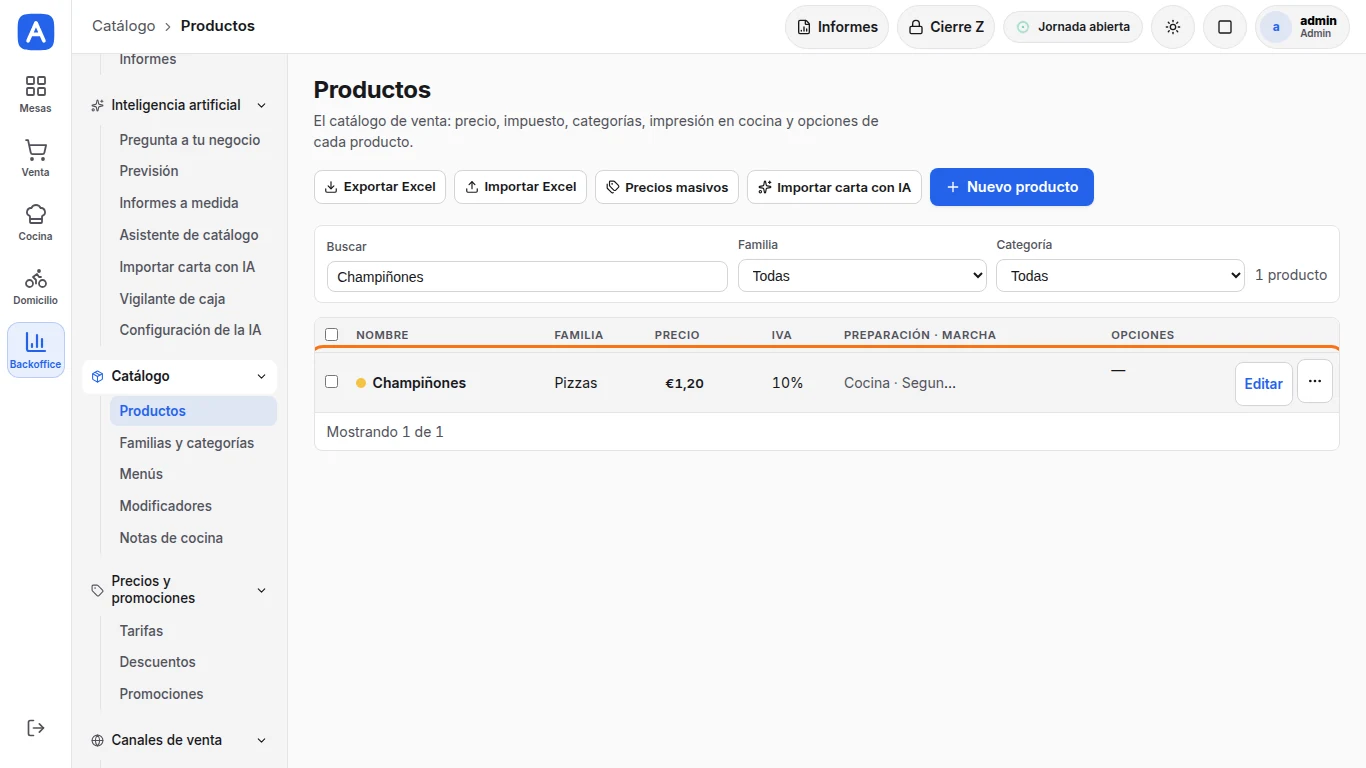 Cambiar el precio de un ingrediente
