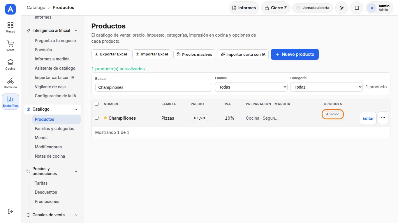 Cambiar el precio de un ingrediente