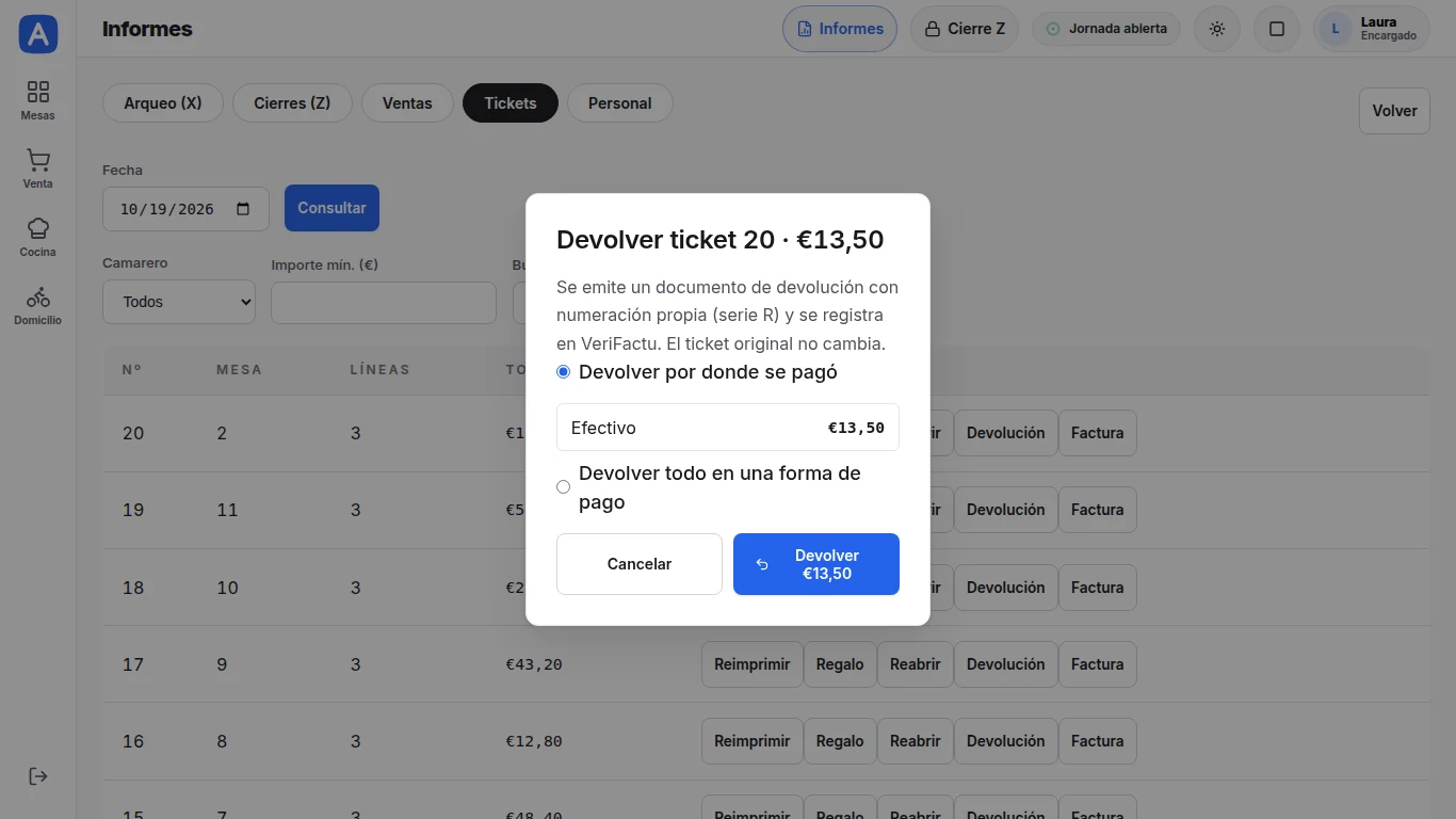 Tickets, devoluciones y facturas