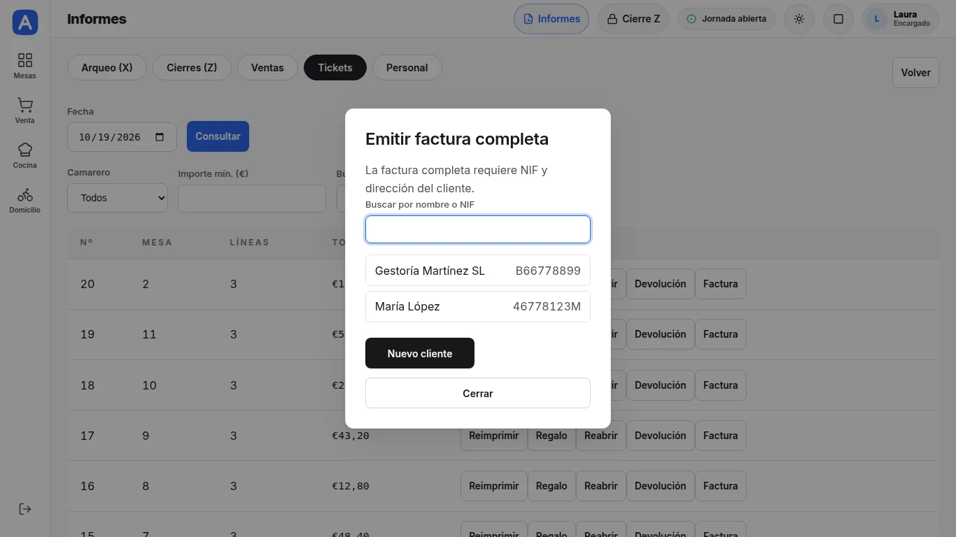 Tickets, devoluciones y facturas