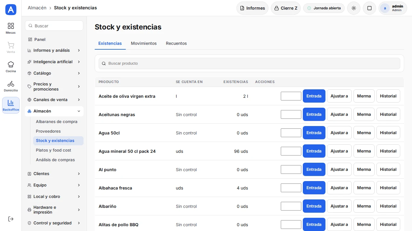 Almacén: compras, stock y recuentos