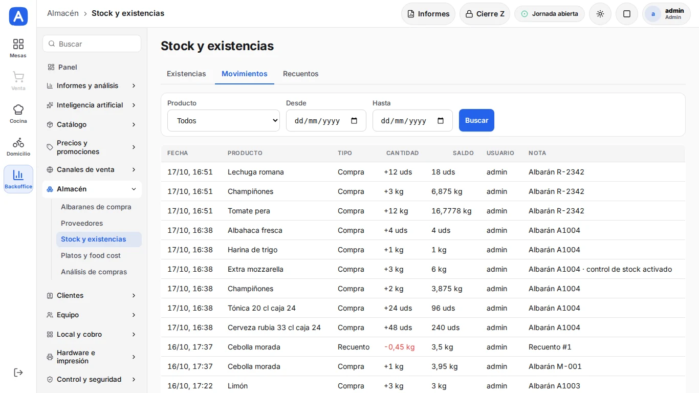 Almacén: compras, stock y recuentos