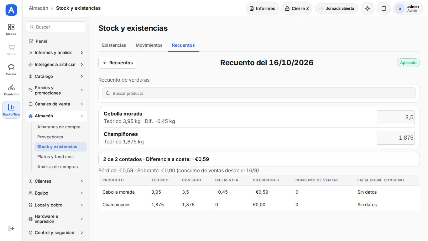 Almacén: compras, stock y recuentos